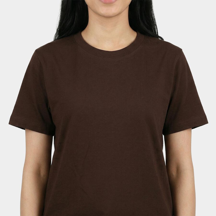 Women's Brown Cotton Round Neck Casual T-Shirt, Brown, large