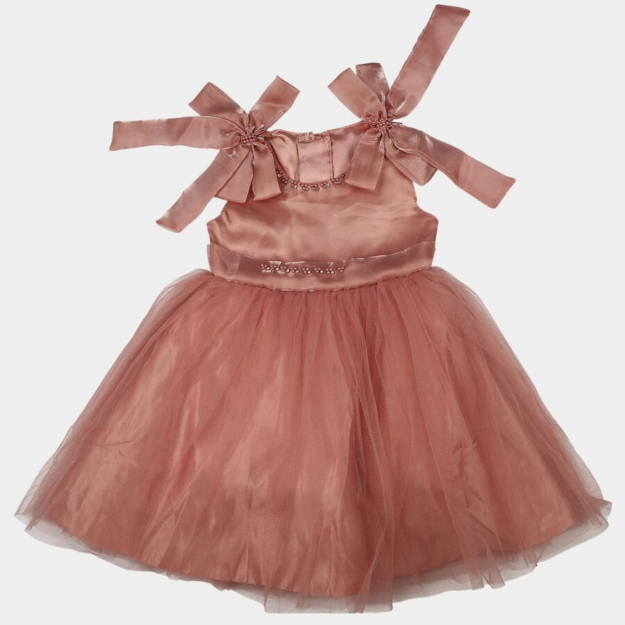 Girls' Pink Fit and Flare Bow Detail Party Wear Frock, Light Pink, large