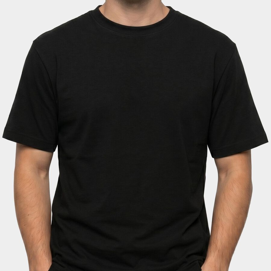Men's Black Cotton Round Neck Regular T-Shirt, काला, large