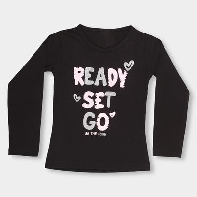 Girls' Jet Black Round Neck Casual Top