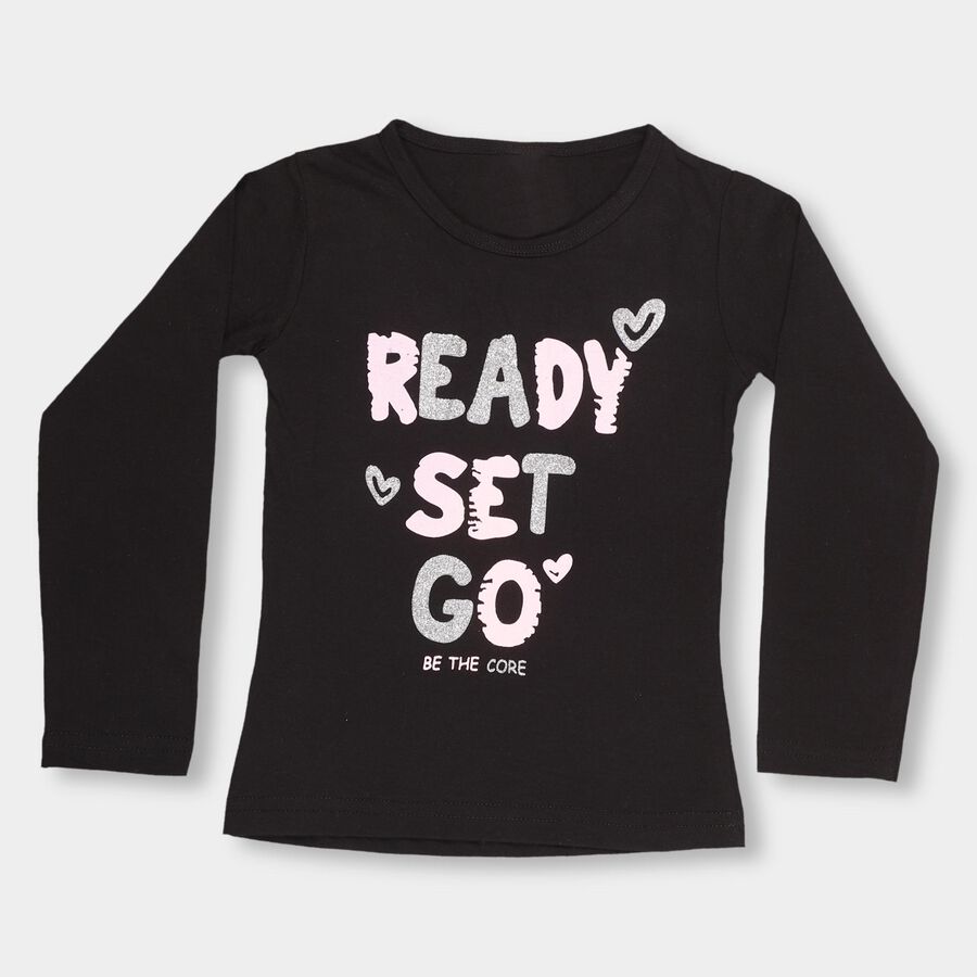 Girls' Jet Black Round Neck Casual Top, काला, large image number null