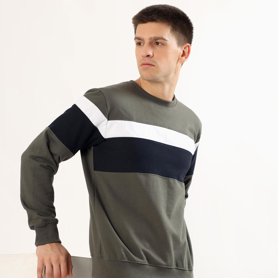 Men's Olive Green Crew Neck Casual Sweatshirt, Dark Green, large image number null