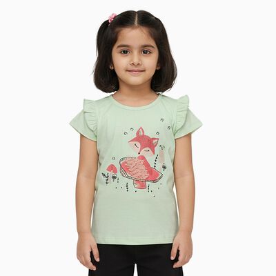 Girls Light Sage Green Cotton Round Neck Casual T-Shirt