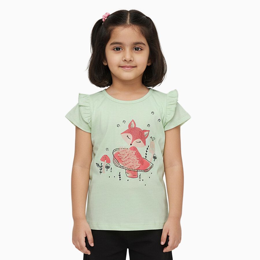 Girls Light Sage Green Cotton Round Neck Casual T-Shirt, Light Green, large image number null