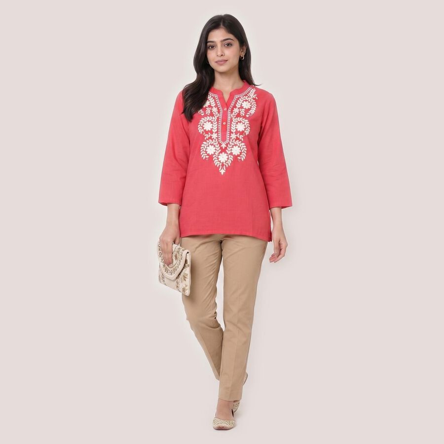 Women's Coral Cotton Notch Neck Embroidered Kurti, मूँगा (कोरल), large