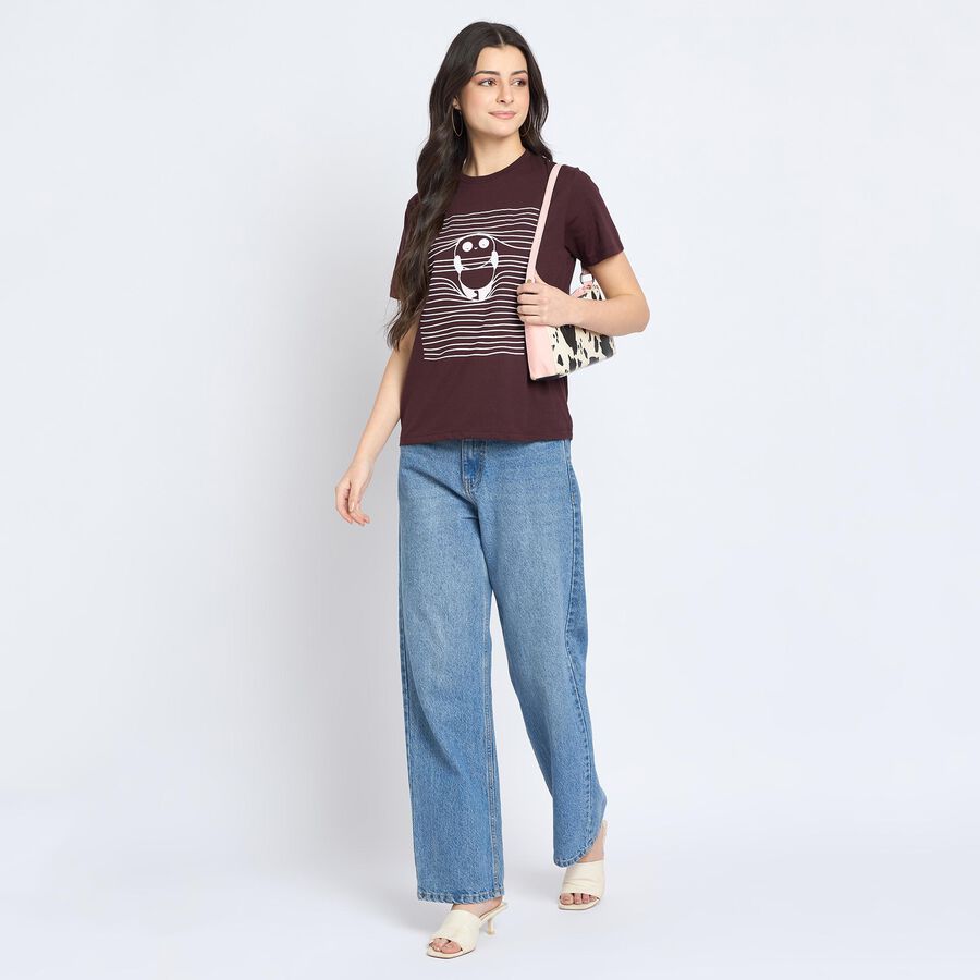 Ladies'  Stripes Round Neck T-Shirt, Brown, large