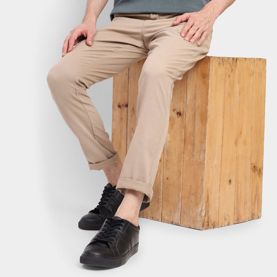 Men's 100% Cotton Slim Fit Casual Trousers , Beige, large image number null