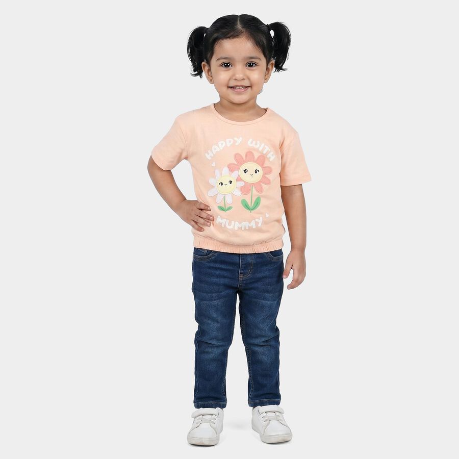 Girls Peach Cotton Round Neck Regular T-Shirt, Peach, large