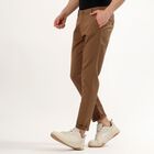 Men's Warm Chestnut Brown Slim Fit Flat-Front Casual Trousers, भूरा, small