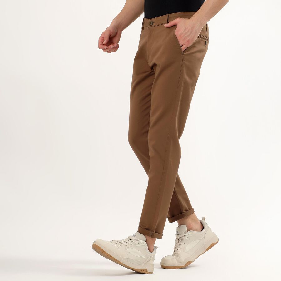 Men's Warm Chestnut Brown Slim Fit Flat-Front Casual Trousers, भूरा, large