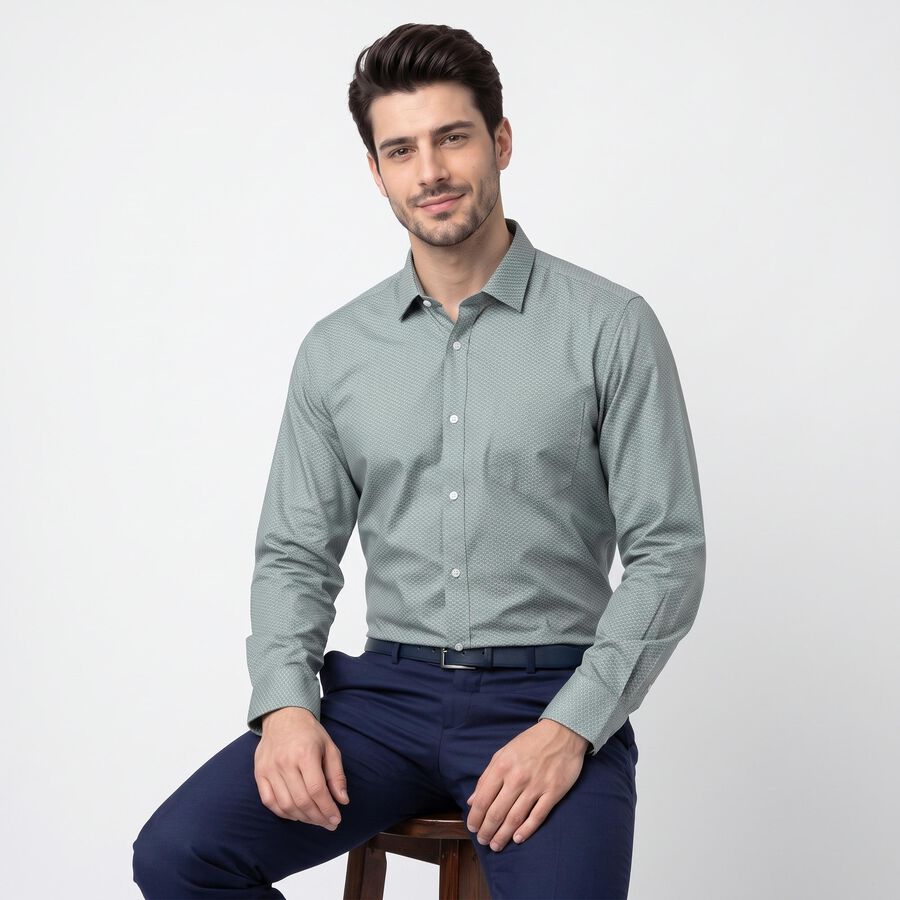 Men's Sage Green Spread Collar Formal Shirt, गहरा हरा, large
