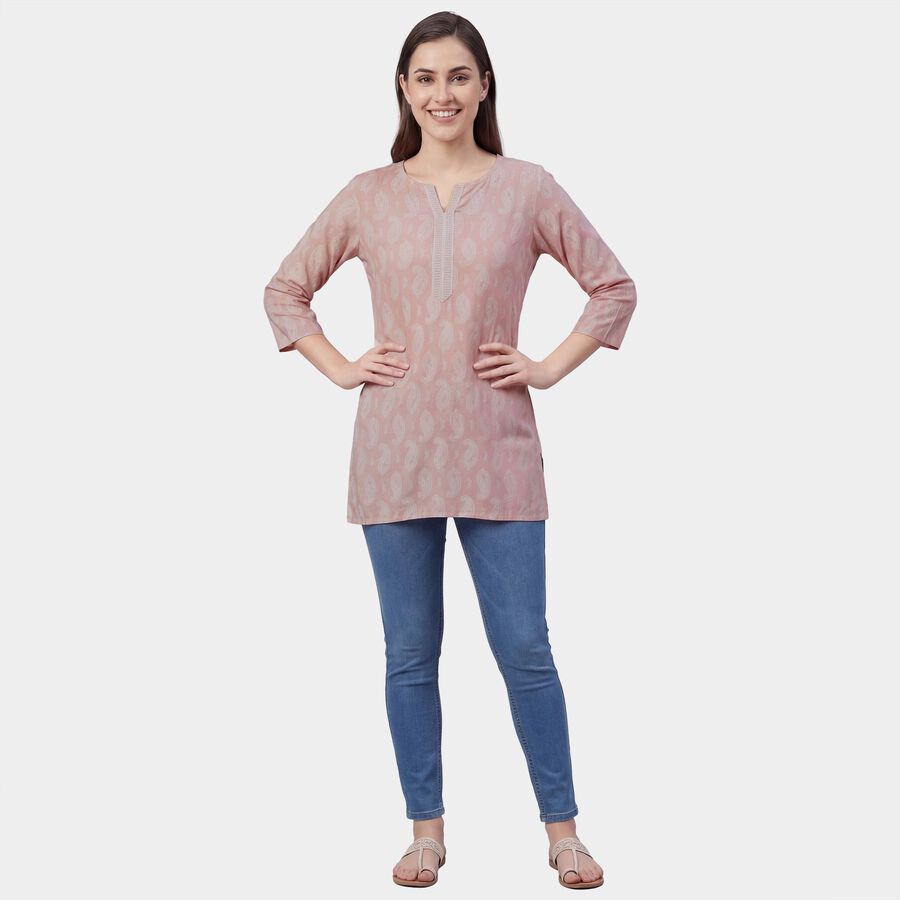 Women's Pink Notch Neck Floral Printed Kurti, हल्का गुलाबी, large