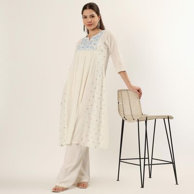 Women's White 100% Cotton Notch Neck Printed Kurta