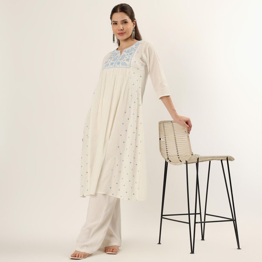 Women's White 100% Cotton Notch Neck Printed Kurta, Off White, large