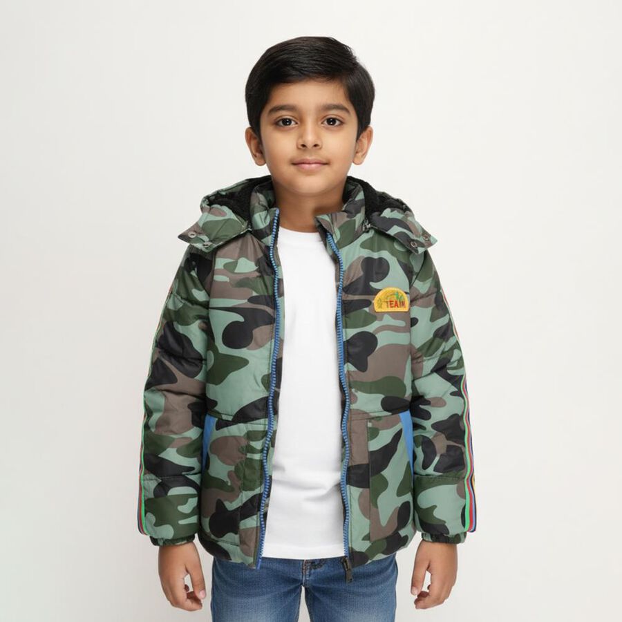 Boys' Green Hooded Casual Jacket, Dark Green, large image number null