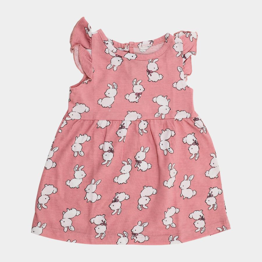 Infants' Pink Regular Fit Bunny Printed Ruffled Sleeve Frock, Light Pink, large