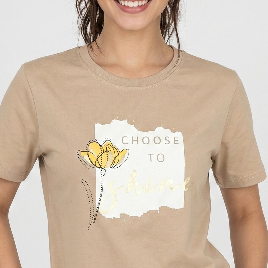 Women Beige Round Neck Regular T-Shirt, Beige, large