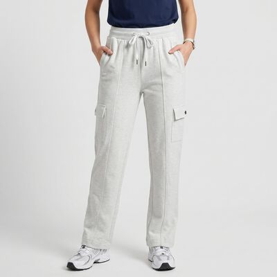 Women's Ecru Melange Straight Fit Cargo Track Pants
