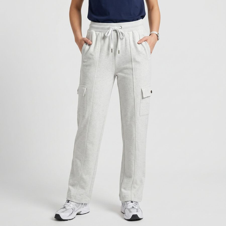 Women's Ecru Melange Straight Fit Cargo Track Pants, Ecru Melange, large