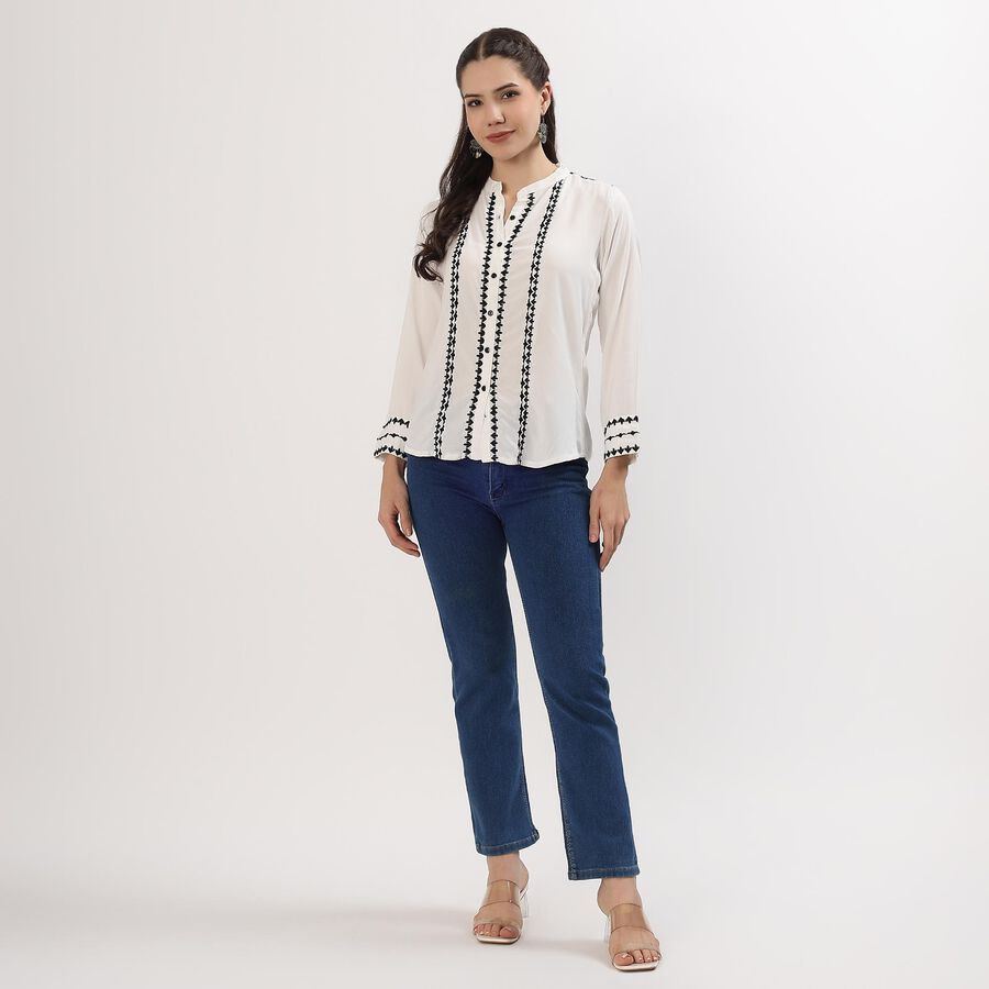 Women's Off-White Embroidered Mandarin Collar Shirt, Off White, large