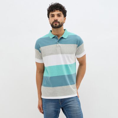 Men's Muted Teal and Grey Polo Collar Casual T-Shirt