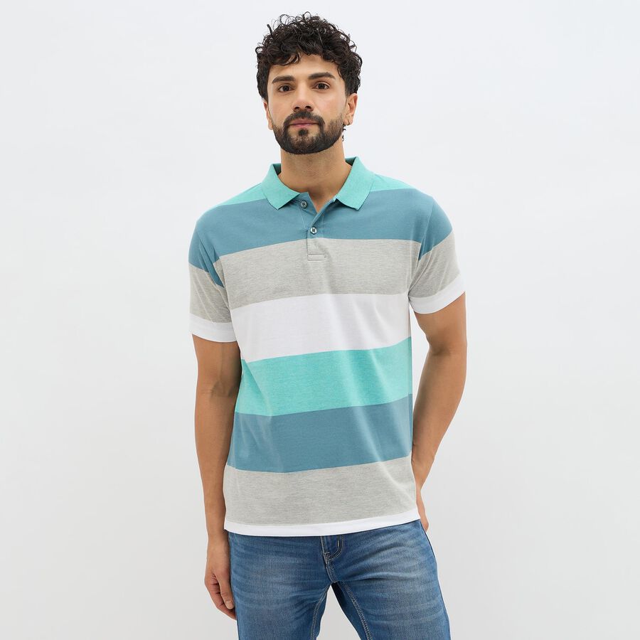 Men's Muted Teal and Grey Polo Collar Casual T-Shirt, Aqua, large image number null