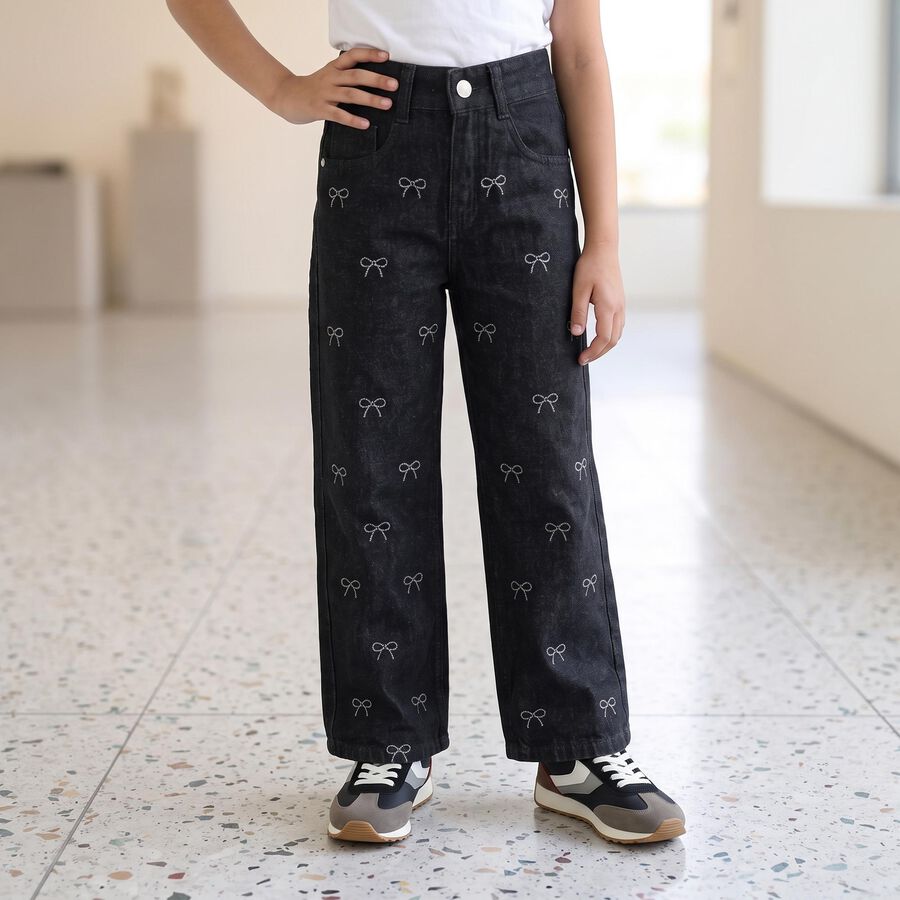 Girls' Black Straight Fit Bow Printed Jeans, काला, large