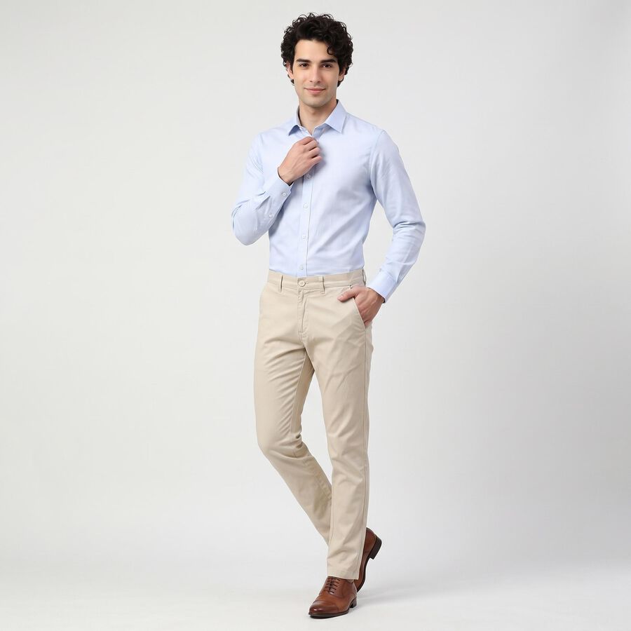 Men's Beige Slim Fit Textured Chino Trousers, गहरा पीला, large