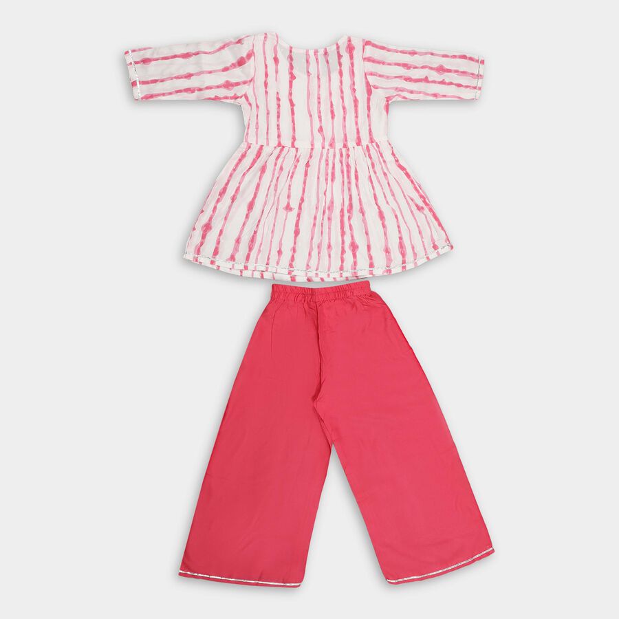Girls' Bright Pink and White Embroidered Tie-Dye Three-Quarter Sleeve Fusion Set, ऑफ व्हाइट, large image number null