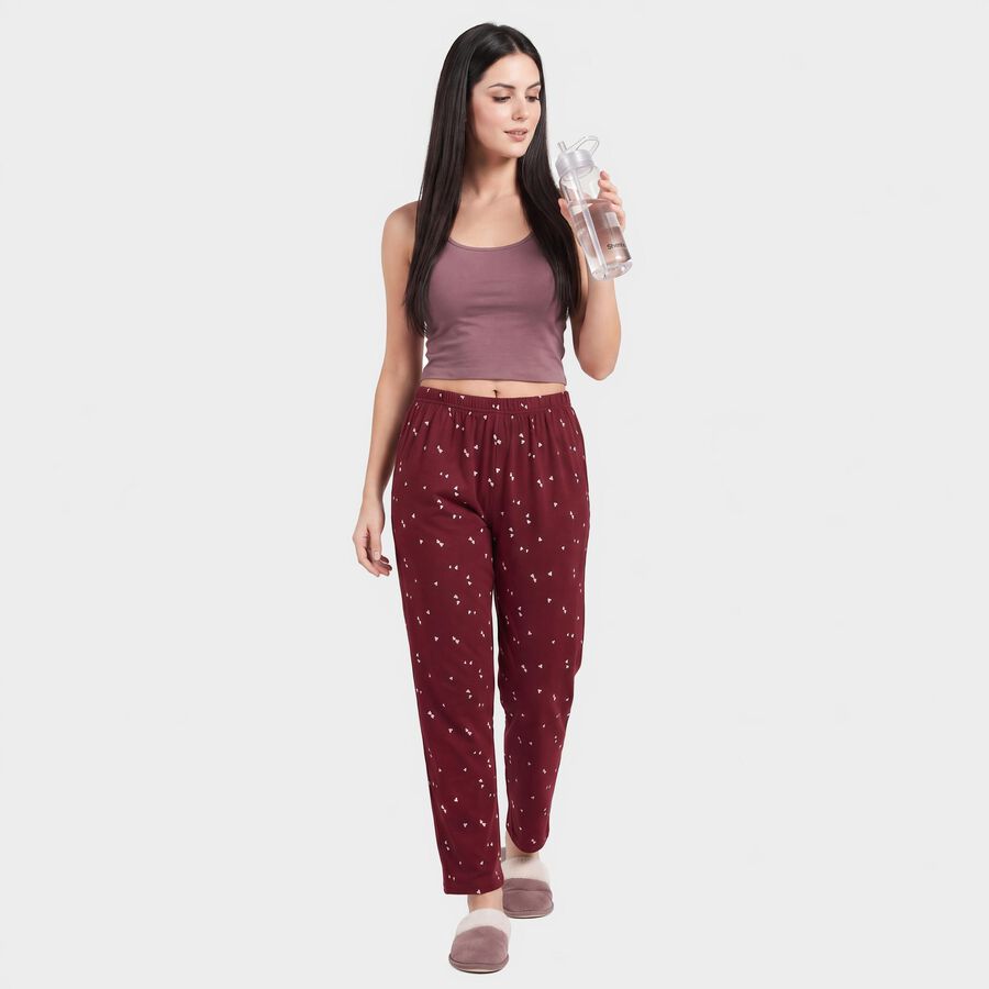 Women's Wine Straight Fit Heart Printed Lounge Pyjama, वाइन, large