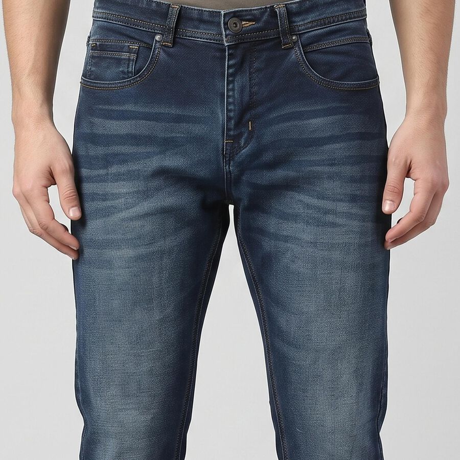 Men's Navy Blue Slim Fit Washed Jeans, गहरा नीला, large
