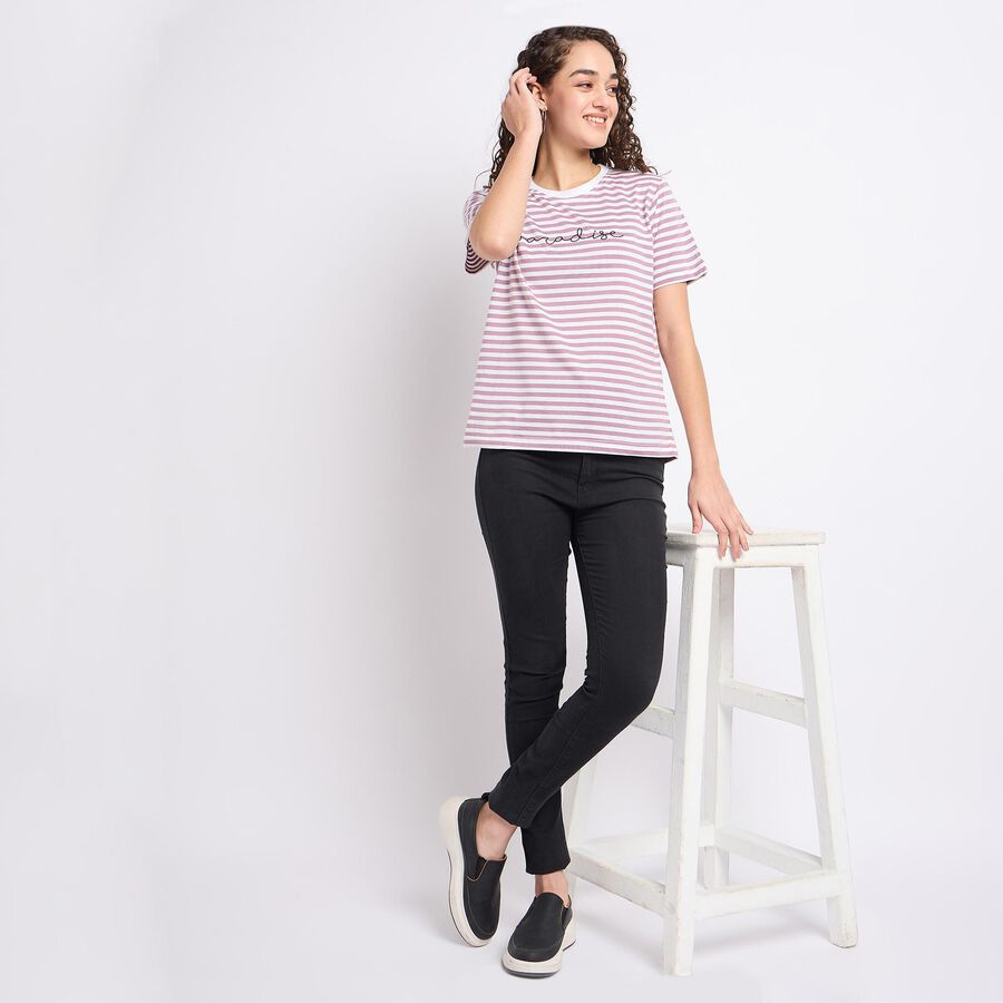 Ladies'  Stripes Round Neck T-Shirt, Purple, large image number null