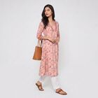 Women's Pink V-Neck Printed Kurta, गुलाबी, small