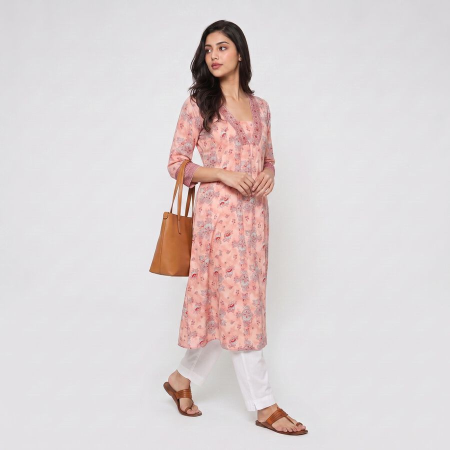 Women's Pink V-Neck Printed Kurta, गुलाबी, large