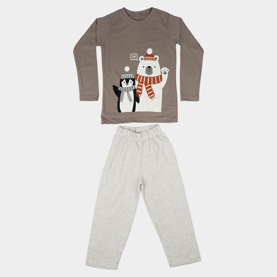Boys Grey Round Neck Graphic Print Baba Suit, Light Grey, large