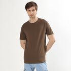 Men's Deep Brown Cotton Round Neck Solid T-Shirt, Khaki, small
