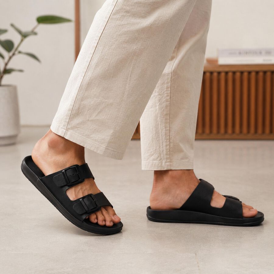Men's Black Buckle Strap Slide Sandals, Black, large