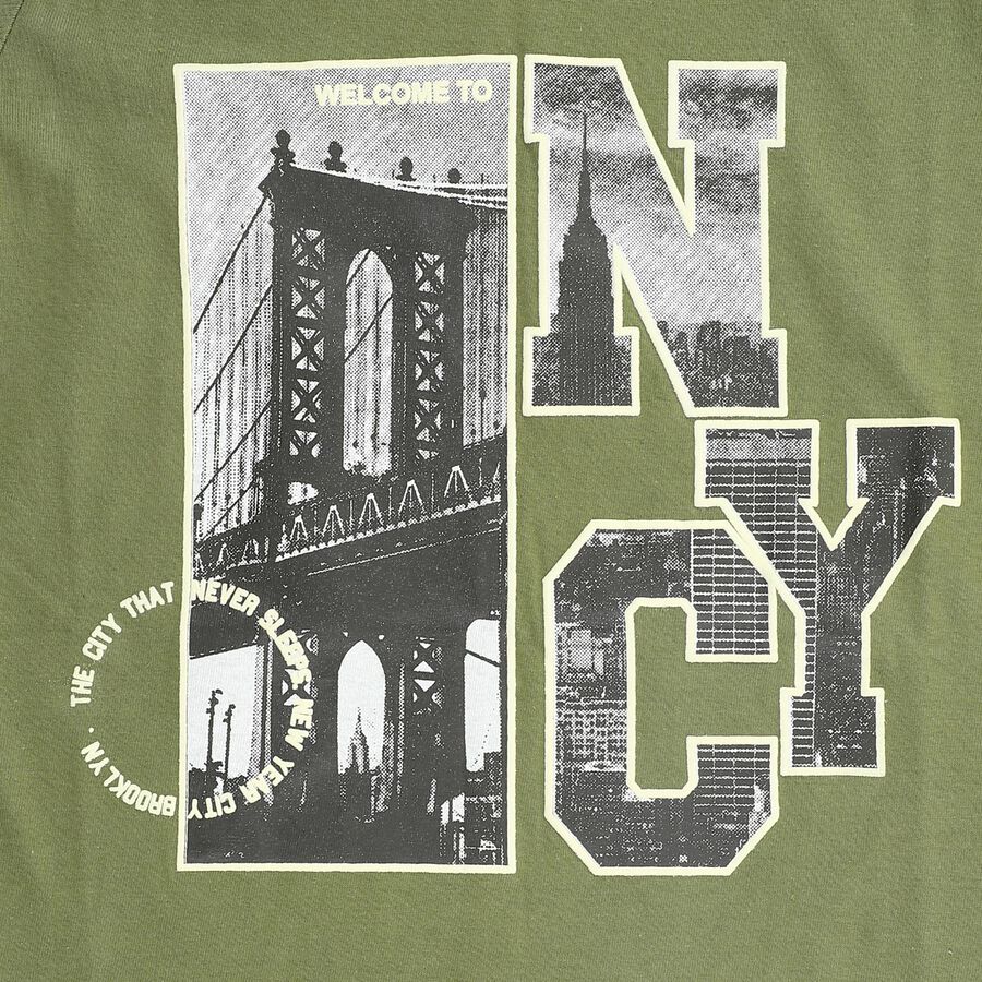 Boys Muted Olive Green Cotton Crew Neck Casual T-Shirt, Olive, large image number null