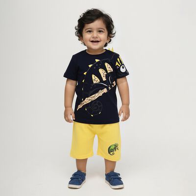 Boys' Navy Cotton Round Neck Printed Baba Suit
