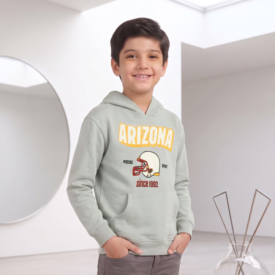 Boys' Mint Green Hoodie Neck Graphic Print Sweatshirt, हल्का हरा, large