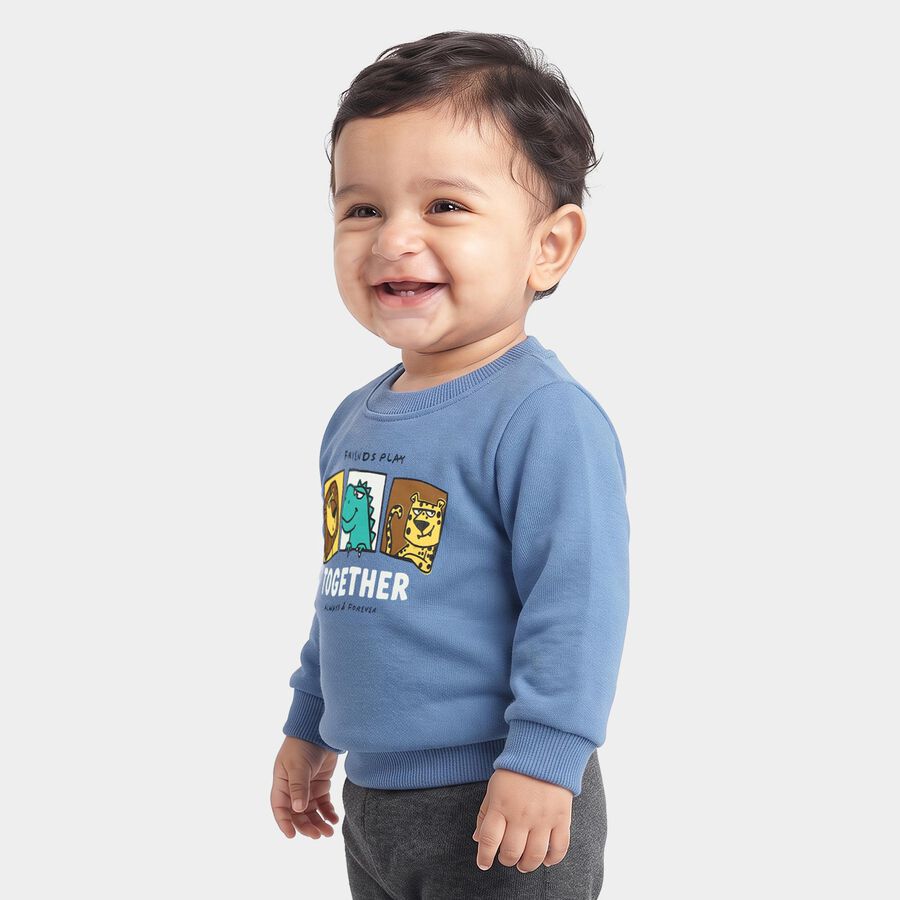 Infants Blue Crew Neck Graphic Print Sweatshirt, Mid Blue, large
