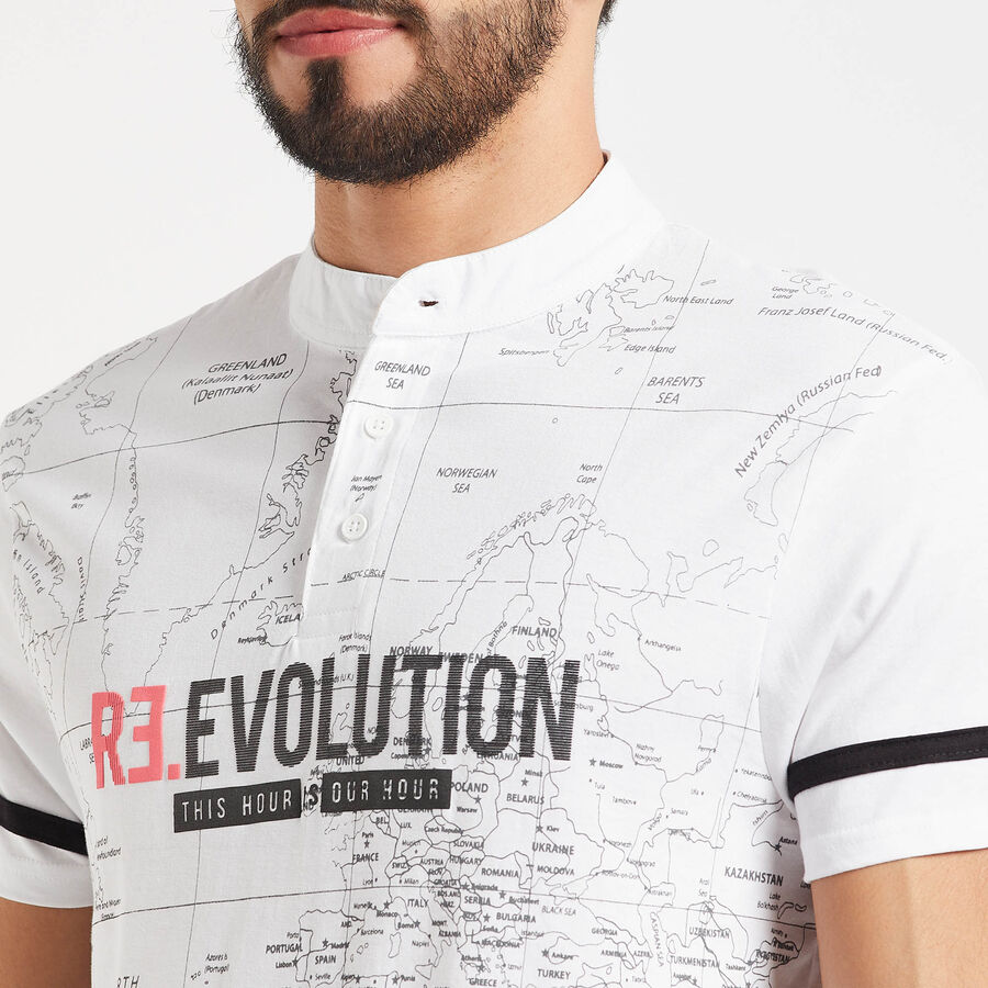 Cotton Printed Henley T-Shirt, White, large image number null