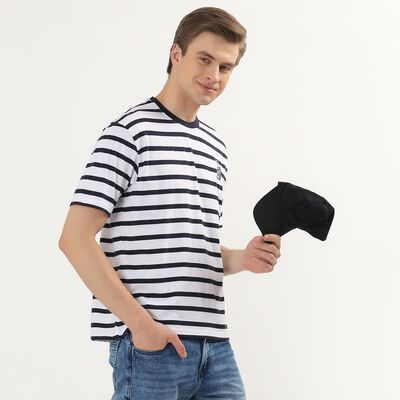 Men's White Round Neck Striped T-Shirt
