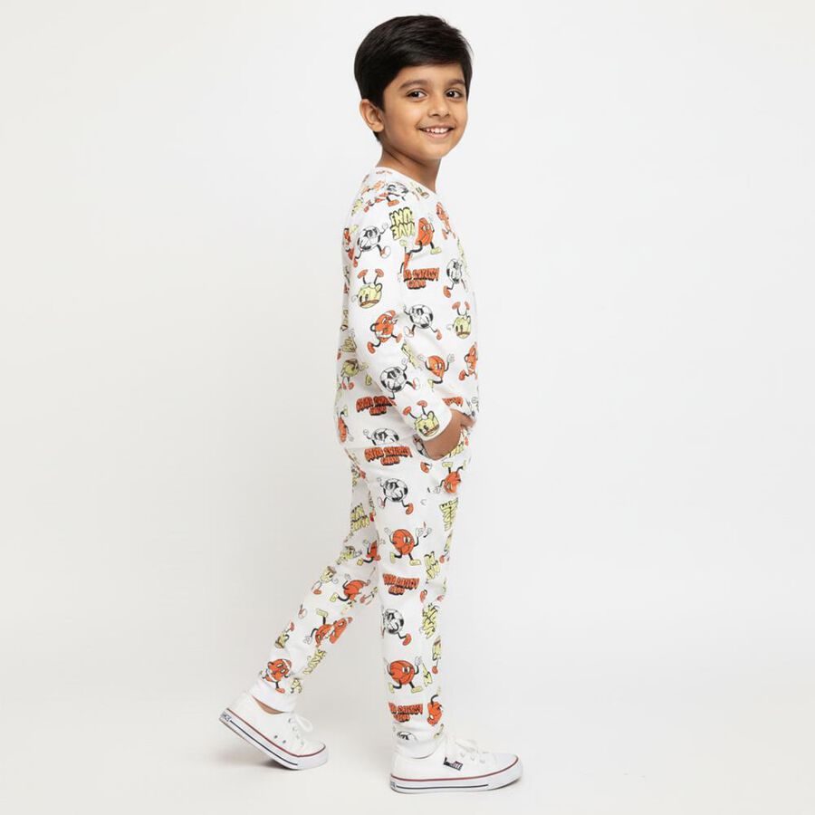 Boys' White Cotton Round Neck Cartoon Printed Baba Suit, सफ़ेद, large image number null