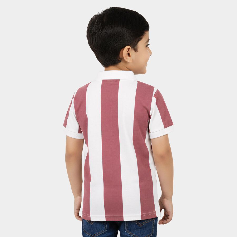 Boys Pink Cotton Polo Neck Striped T-Shirt, Pink, large
