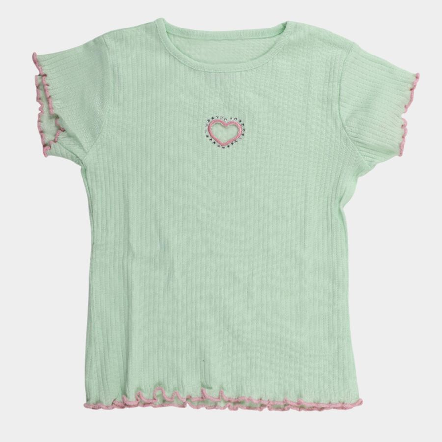 Girls' Mint Green Cotton Round Neck Casual T-Shirt, Light Green, large