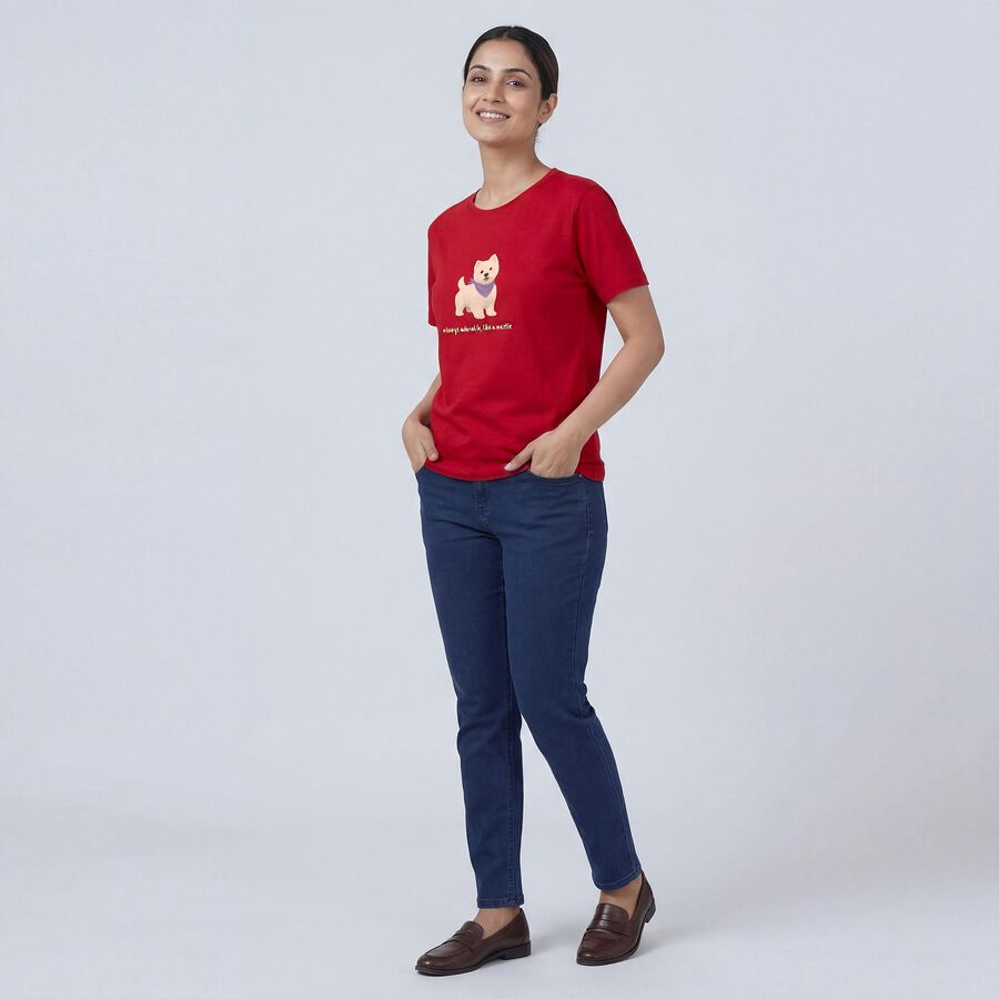 Women's Fuchsia Cotton Round Neck Casual T-Shirt, रानी (फ्यूशिया), large