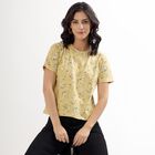 Women's Muted Mustard Yellow Round Neck Floral T-Shirt, Khaki, small image number null