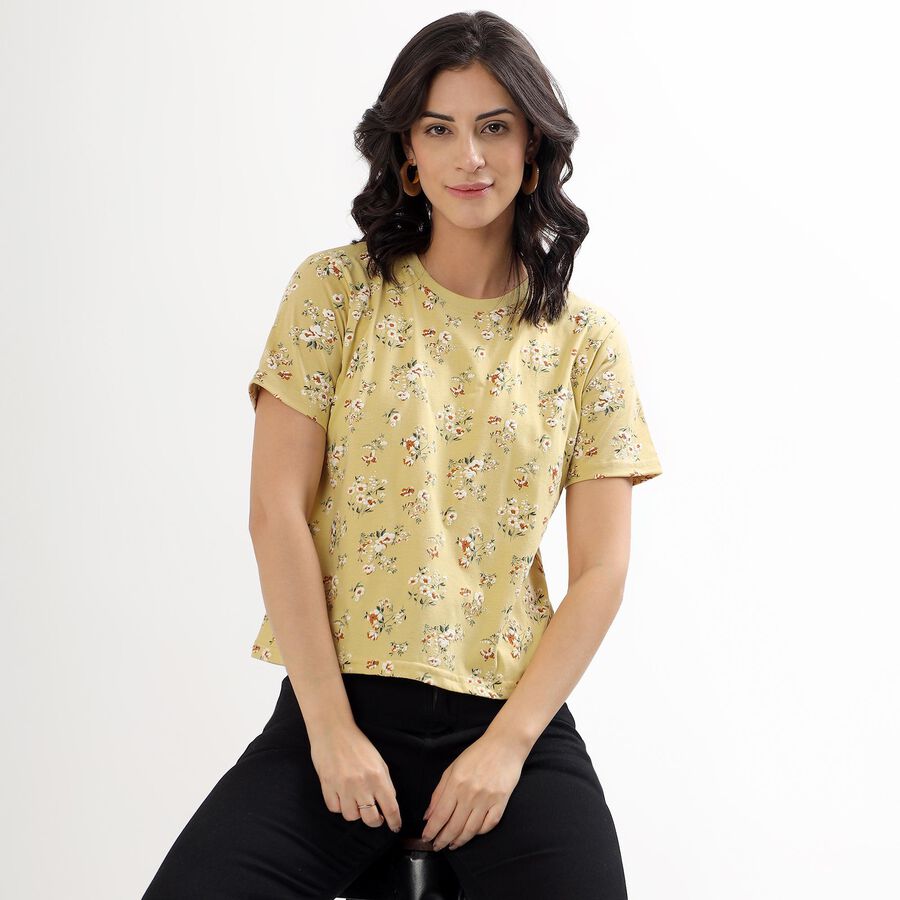 Women's Muted Mustard Yellow Round Neck Floral T-Shirt, Khaki, large image number null