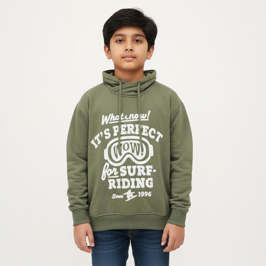 Boys Muted Olive Green Hooded Neck Casual Sweatshirt, ओलिव, large image number null